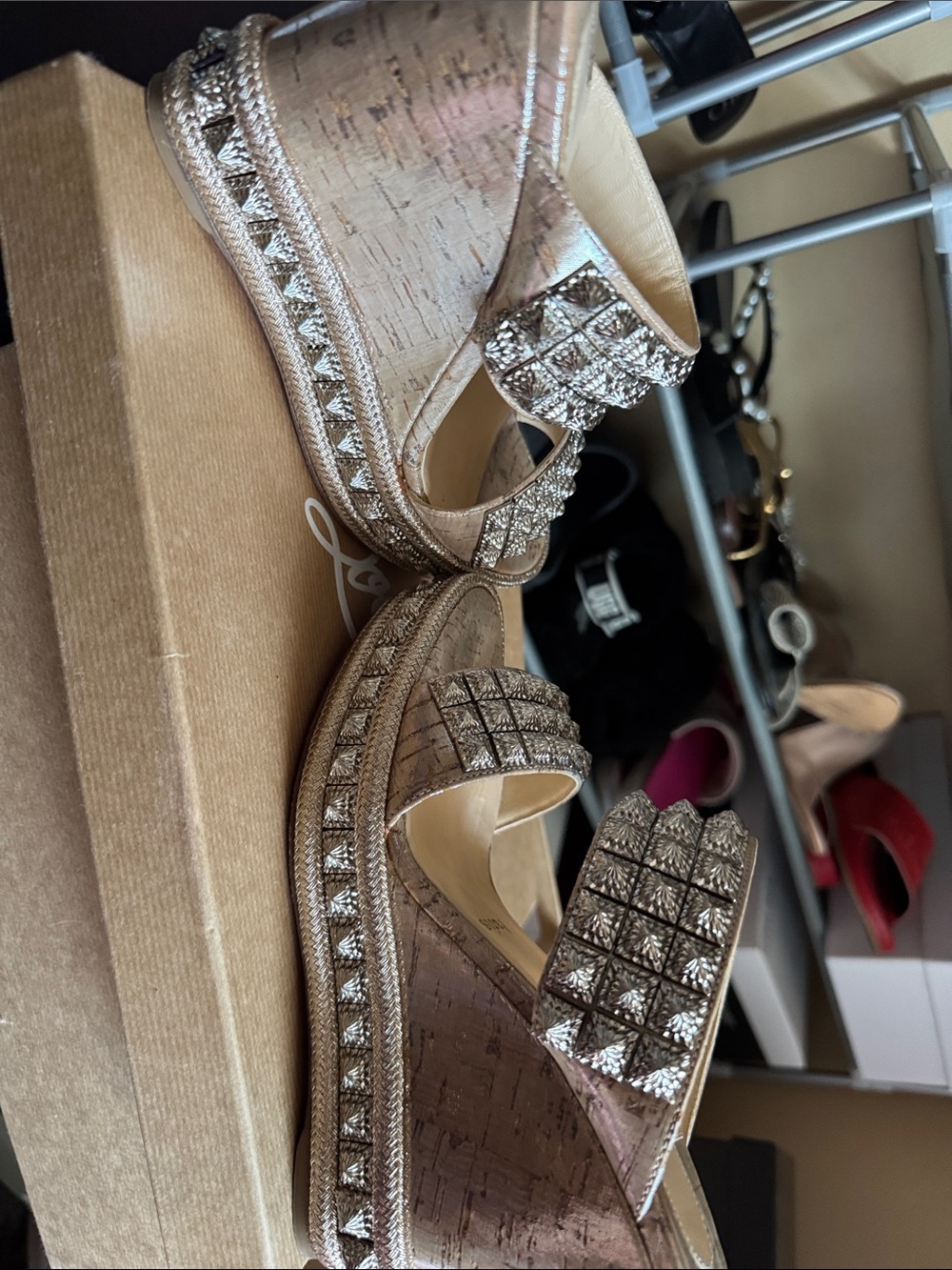 Christian Louboutin Metallic Taupe Crystal Cork Wedge Sandals - Picture 6 of 6